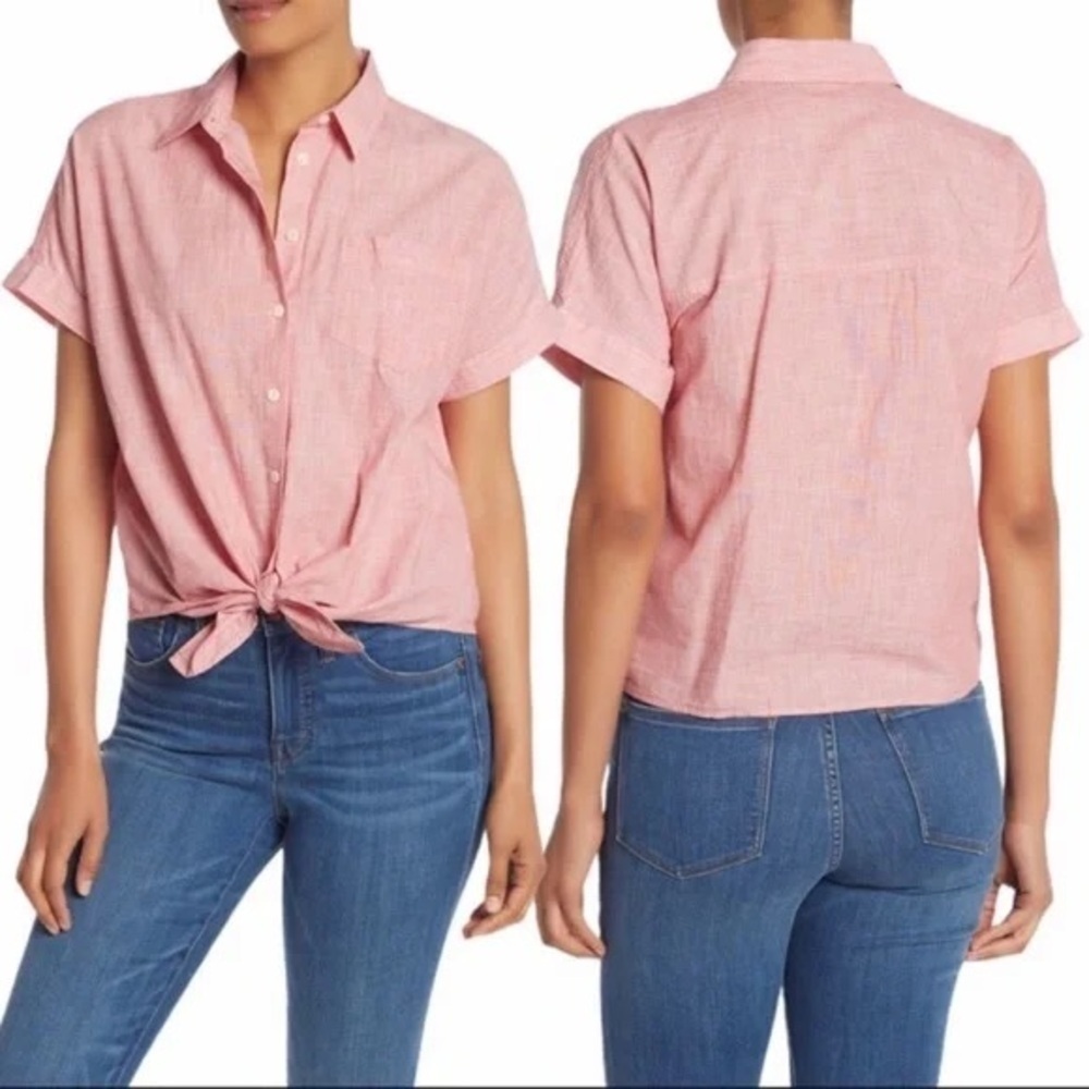 Madewell Pink Short Sleeve Button-up Front Knot Shirt In Large